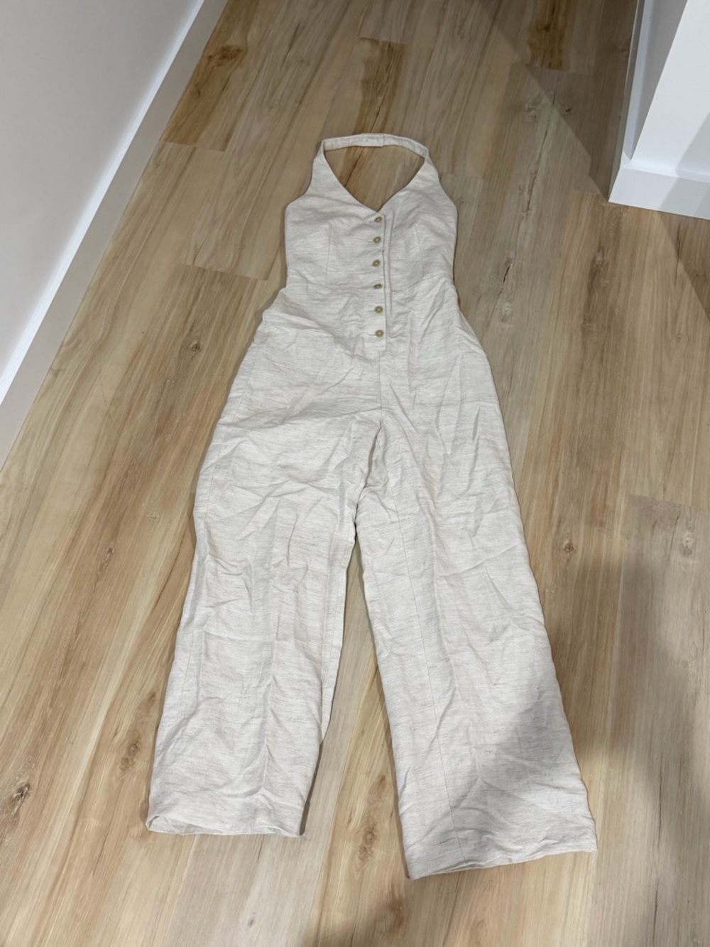 Wilfred Light Cream Halter Button-Front Jumpsuit